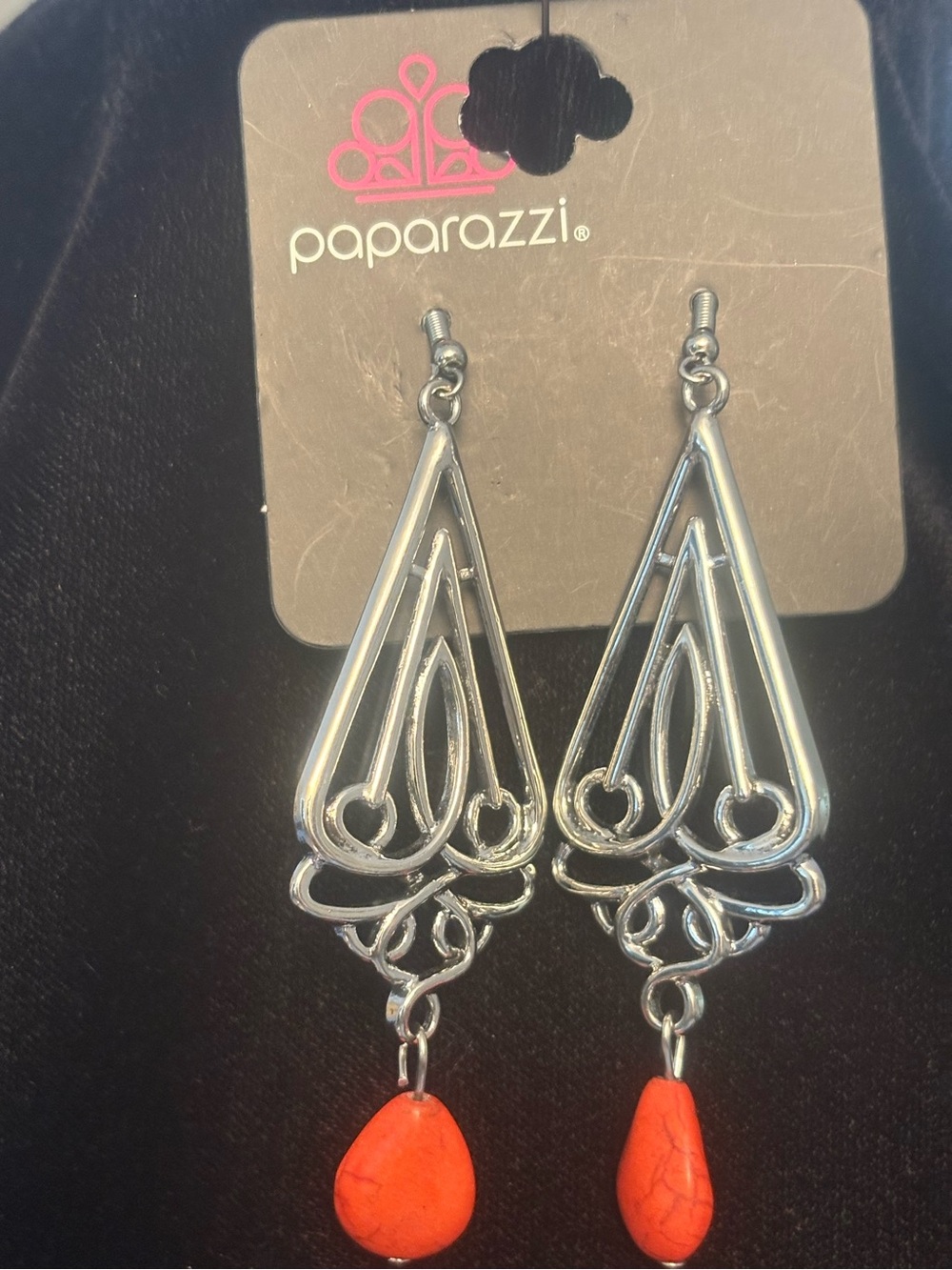 Paparazzi Silver Filigree Drop Earrings with Orange Teardrops